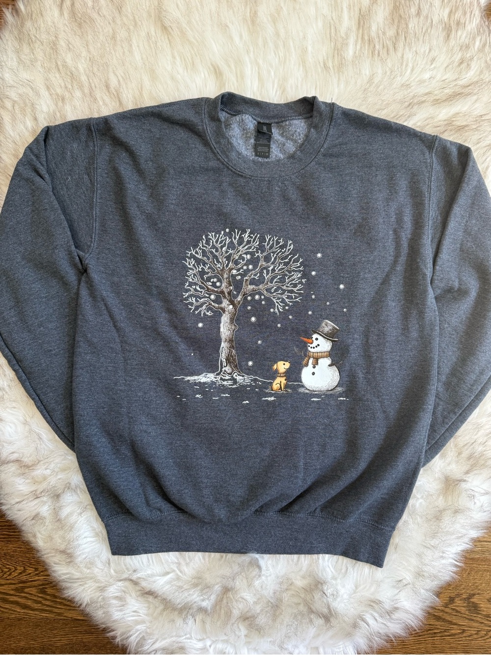 Gildan Holiday Crewneck Sweatshirt with Snowman, Tree & Dog Graphic